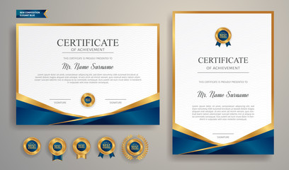 Elegant blue and gold certificate of achievement template with gold badge and border