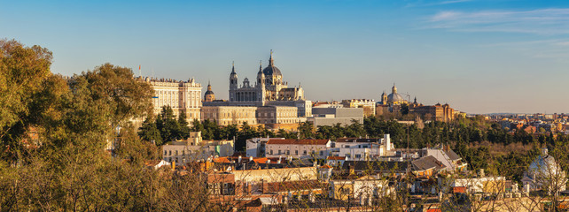 Madrid Spain panorama city skyline at Cathedral de la Almudena and Madrid Royal Palace
