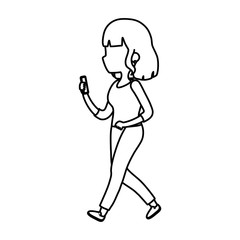 young woman character using smartphone device digital thick line