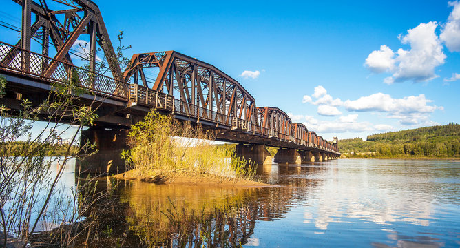 Railway Bridge Over The Fraser River In Prince George British Columbia Canada