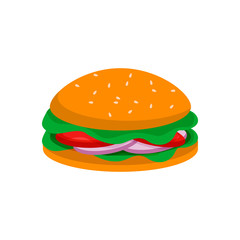 Burger with beef, cheese, lettuce, tomato, cucumber and onion in flat styl isolated on white background.