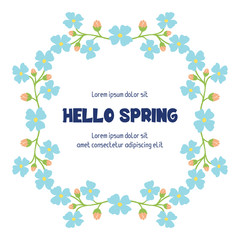 Greeting card hello spring design, with elegant pattern of leaf and floral frame. Vector