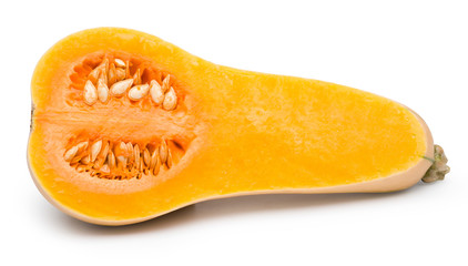 Butternut squash (Pumpkin) cut in half isolated on white with clipping path.