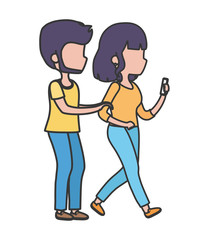 young woman with smartphone and man walking healthy lifestyle