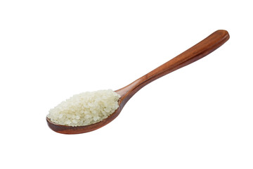 Wooden spoon scoop rice on white background.