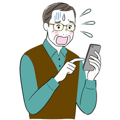 Senior old man in total shock with a message he's receiving over his cell phone