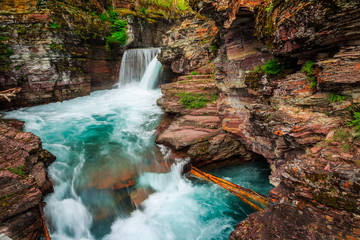 Rushing Waters of Saint Mary Falls at Glacier National Park