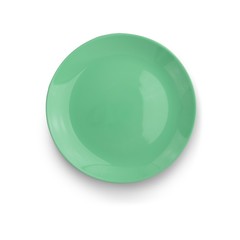 Top view of green empty plate on isolated, white background, with a shadow