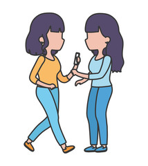 young women with smartphone together character