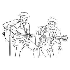 father and his son playing guitar together vector illustration sketch doodle hand drawn isolated on white background