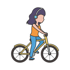 young woman with headphones riding bike