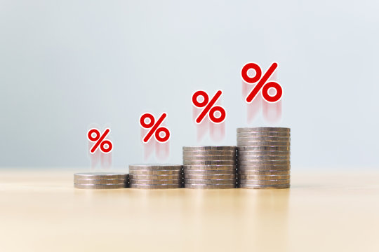 Concept save money financial business investment. Coins stack step growing growth value with icon percentage symbol