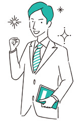 手描き1color スーツの男性　ガッツポーズ