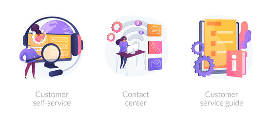 Client support online helpline. Digital product maintenance tutorial. Customer self-service, contact center, customer service guide metaphors. Vector isolated concept metaphor illustrations
