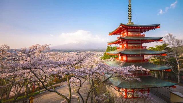 Fujiyoshida, Japan at Chureito Pagoda and Mt. Fuji in Spring