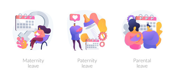 Fototapeta na wymiar Gender equality issues in child upbringing. Trendy tendencies in infant kids care sharing. Maternity leave, paternity leave, parental leave metaphors. Vector isolated concept metaphor illustrations.