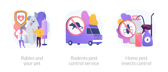 Animals antirabic vaccinations. House disinfection equipment. Rabies and your pet, rodents pest control service, home pest insects control metaphors. Vector isolated concept metaphor illustrations