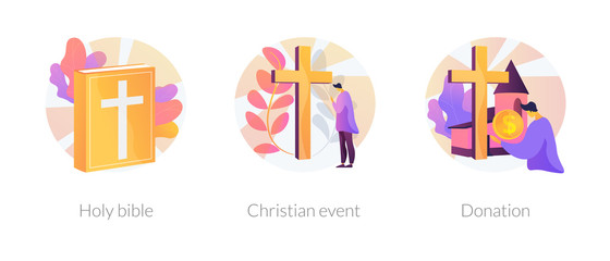 Church congregation lifestyle symbols. Sacred book, religious ceremonies and financial contribution. Holy bible, christian event, donation metaphors. Vector isolated concept metaphor illustrations