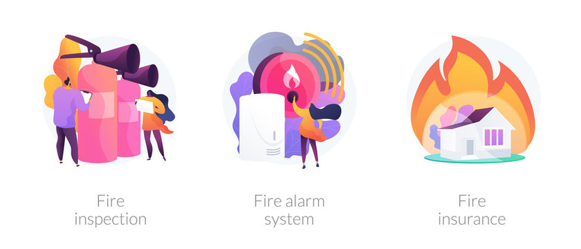 Firefighter Equipment, Notification Technology Control. Real Estate Damage Compensation. Fire Inspection, Fire Alarm System, Fire Insurance Metaphors. Vector Isolated Concept Metaphor Illustrations