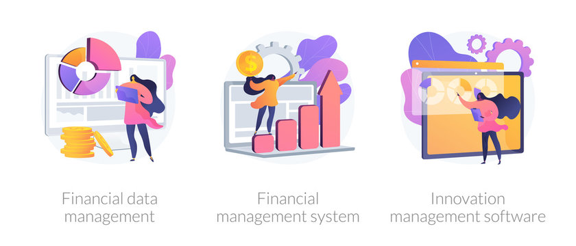 Finance statistics analysis automation. Financial data management, financial management system, innovation management software metaphors. Vector isolated concept metaphor illustrations
