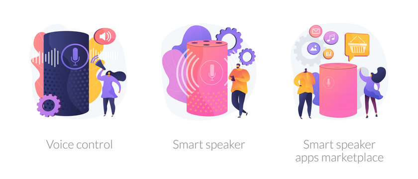 Voice Command Device Application, Virtual Assistant Technology. Voice Control, Smart Speaker, Smart Speaker Apps Marketplace Metaphors. Vector Isolated Concept Metaphor Illustrations.