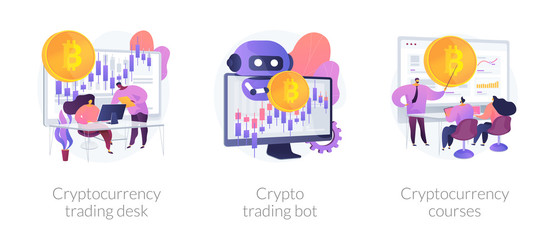 Digital currency market transactions. Electronic money experts. Cryptocurrency trading desk, crypto trading bot, cryptocurrency courses metaphors. Vector isolated concept metaphor illustrations
