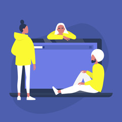A diverse group of young people sitting, standing and leaning on a computer, web page template