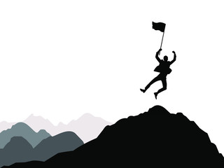 Silhouette of Business man jumping and flag on top mountain. Business, success, leadership, achievement and people concept. Vector illustration EPS 10.