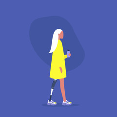 Young female character with a prosthetic lower limb holding a water flask, Modern disabled people, New technologies