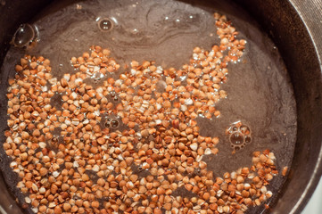 Buckwheat groats soaked before cooking in water in a cauldron.