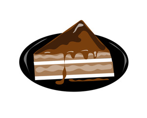 Chocolate cake filled with cream on a black plate White background
