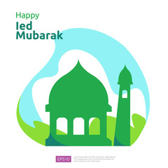 Happy eid mubarak or ramadan greeting with people character. islamic design illustration concept for template for web landing page, social, poster, ad, promotion, print media, banner or presentation