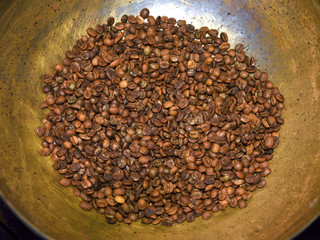 Coffee beans in roasting pan