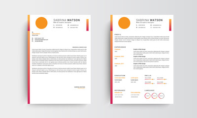 Professional CV resume template design and letterhead, cover letter,  template job applications, orange and red- vector 