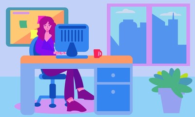 Woman working in office with a city view from window. Desk with computer plant and board. Simple graphic flat cartoon colorful vector set.