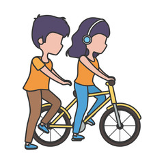 Fototapeta na wymiar woman with headphones riding bike and man walk