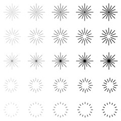 Retro sun Burst shape and vintage sunburst explosion. Light rays of burst. Vintage logo, labels, badges. Geometric shapes stars and vector design element isolated. Minimal black firework burst