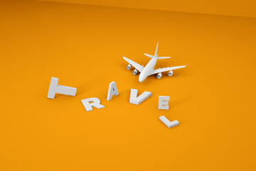 White voluminous letters etched, scattered on a yellow background. White 3D airplane in the style of minimalism. Travel and vacation concept