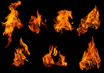 Fire collection set of flame burning isolated on dark background for graphic design purpose