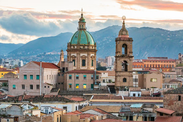 Fototapeta premium Italy, Sicily, Palermo Province, Palermo. The dome and bell tower of the baroque Chiesa del Gesù, or Church of the Jesus, in Palermo.
