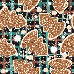 Cute Winter Seamless Pattern with gingerbread cookies. Vector Illustration.