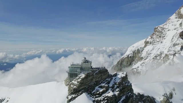 Aerial of Aletsch glacier and Jungfraujoch summit station, Switzerland