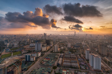 AERIAL VIEW OF CITY AT SUNSET