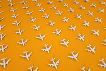 A lot of white airplanes in the style of the pattern on a yellow background. White 3D airplane in the style of minimalism. Travel and vacation concept
