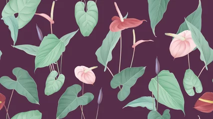 Rolgordijnen Floral seamless pattern, pink and red Anthurium flowers with leaves in blue tone on dark pink © momosama