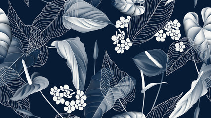 Floral seamless pattern, Anthurium flowers with leaves in blue tone on dark blue