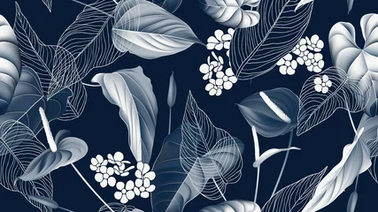 Gordijnen Floral seamless pattern, Anthurium flowers with leaves in blue tone on dark blue © momosama