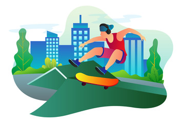Vector illustration of professional skateboarder is practicing in the middle of the city in order to enter the competition. Can use for website, landing page and mobile app