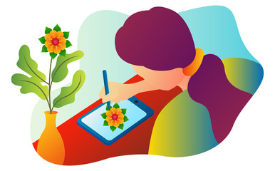 Illustration of a designer drawing on a tablet during the day. Graphic resources for landing page, mobile app, website and ui ux