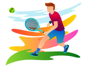 A tennis player is chasing a ball that is coming towards him in an international tennis competition. Vector illustration of tennis player